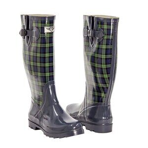 Women's Rainboots, Tall Rubber Rain Boots, RB-1407, Green Plaid, Size 6